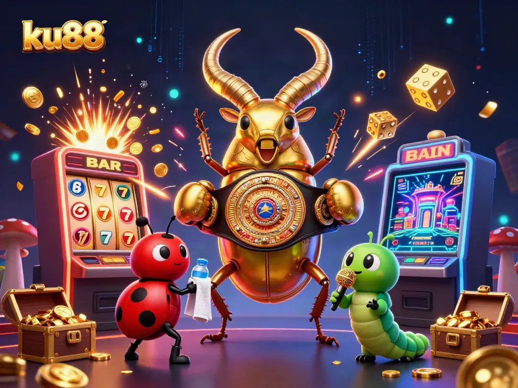 Engage with ku88's vibrant casino scene featuring a giant stag beetle champion, bursting jackpots, and a lively atmosphere.