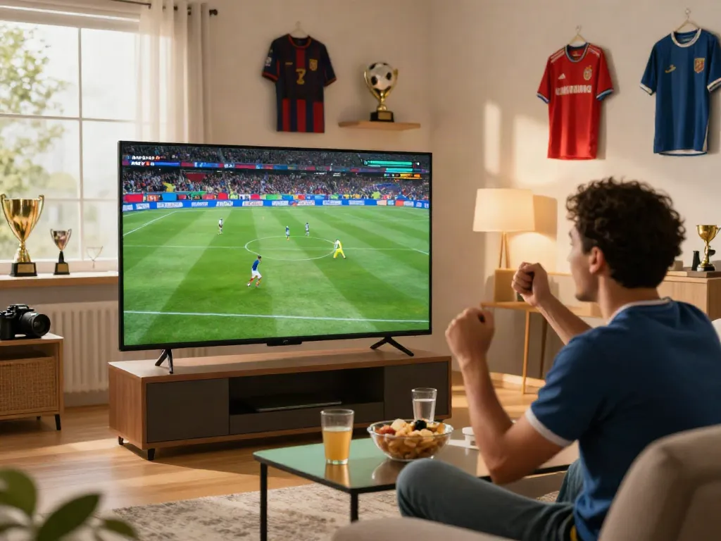Excited soccer fan watching cakhiatv live stream in a decorated living room.