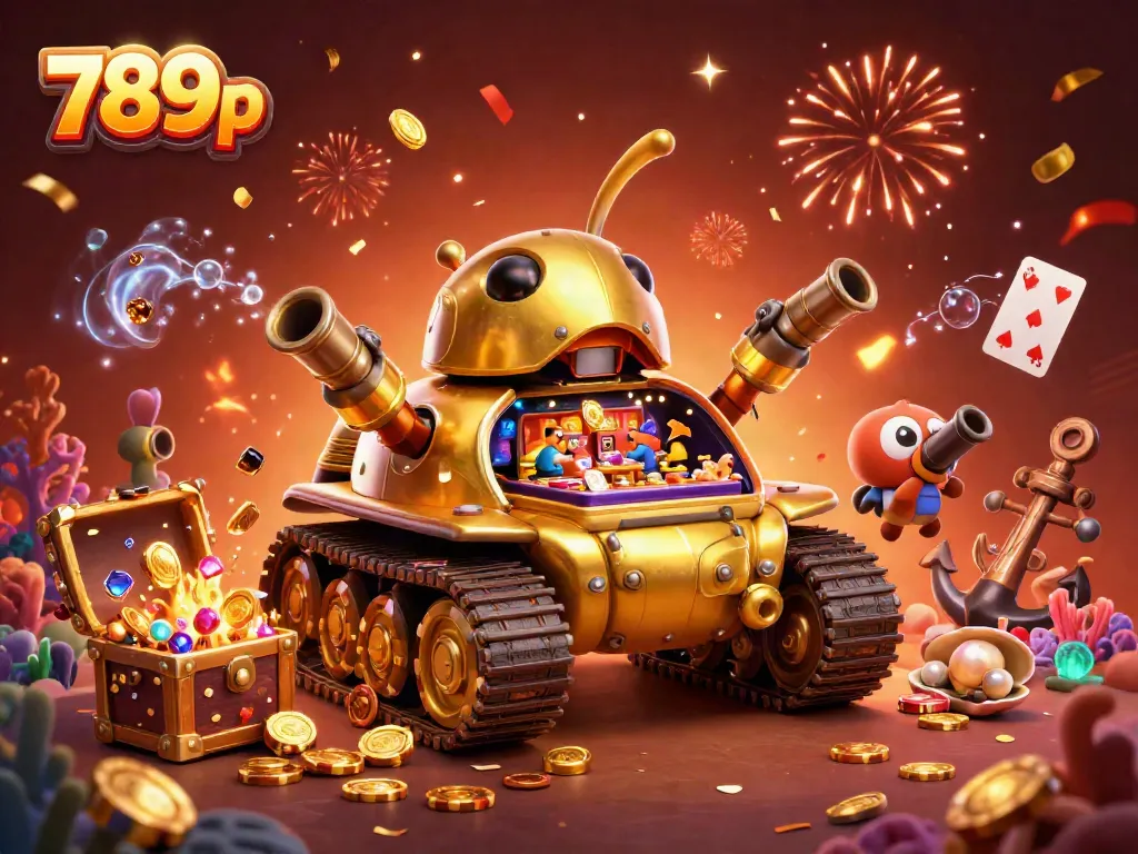 Experience the thrill of winning at 789p with this vibrant casino-themed illustration featuring a golden beetle tank and mini games.