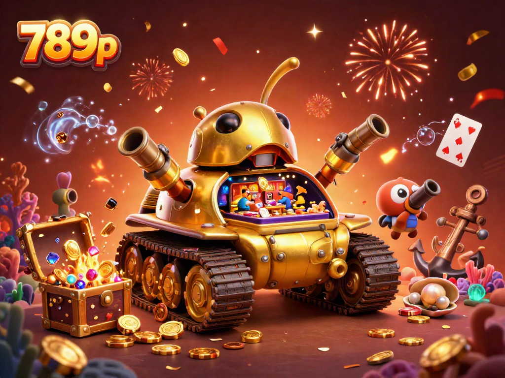 Experience the thrill of winning at 789p with this vibrant casino-themed illustration featuring a golden beetle tank and mini games.