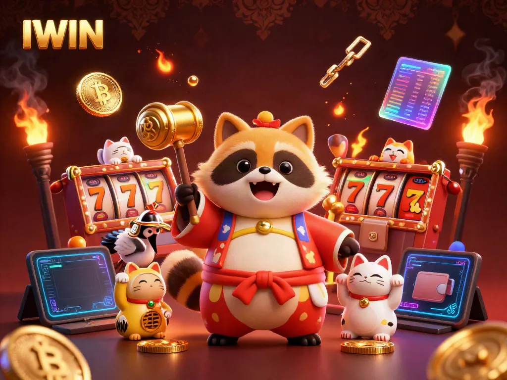 IWIN's vibrant casino scene with cheerful characters and dynamic gaming elements in a lively atmosphere.