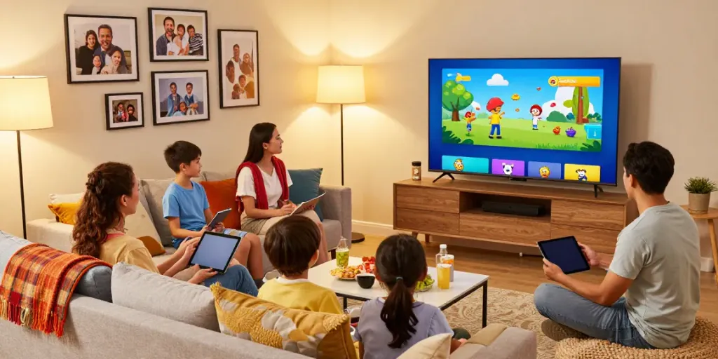 Family enjoying IPTV service streaming on a large TV in a cozy living room.
