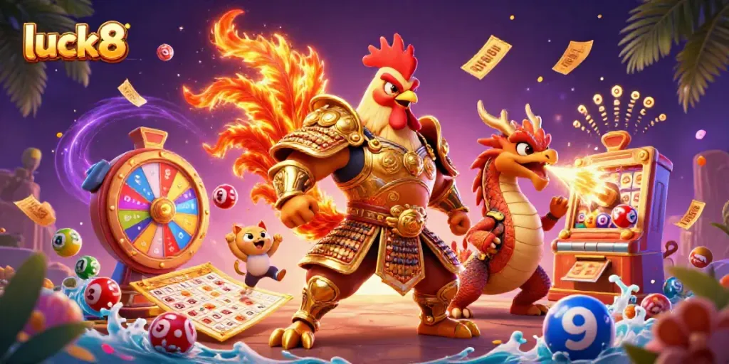 Experience the excitement of luck8 with vibrant casino imagery and unique character design.