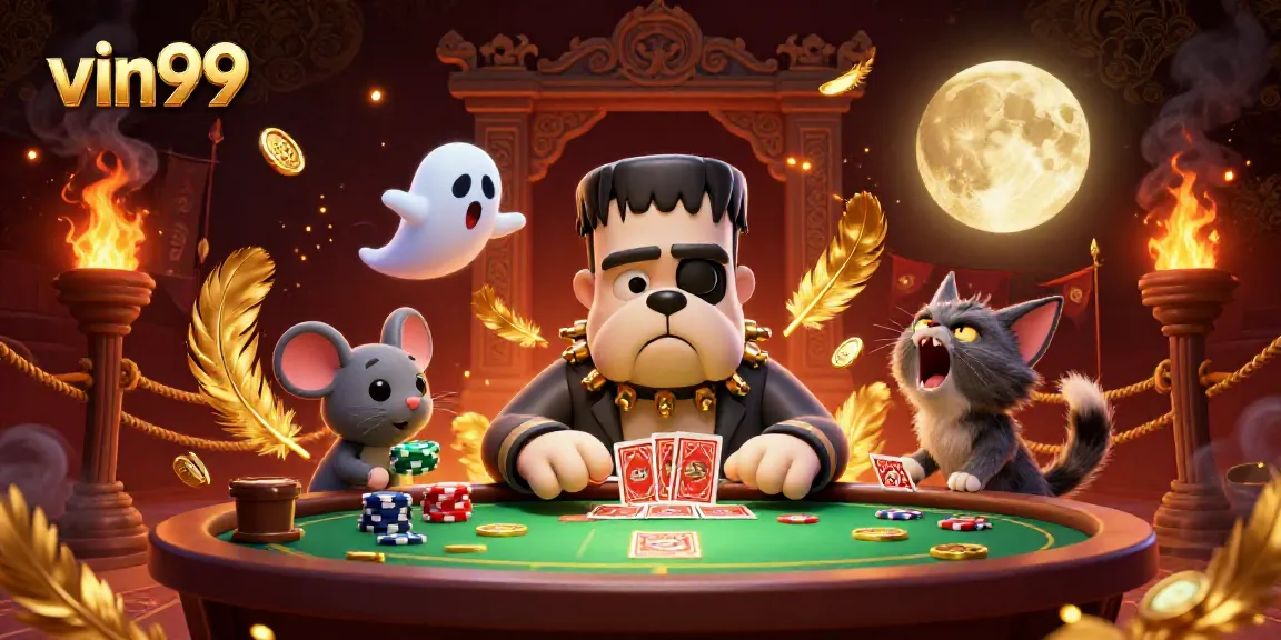 vin99 brings excitement with a 3D cartoon bulldog dealer and whimsical characters at a casino table.