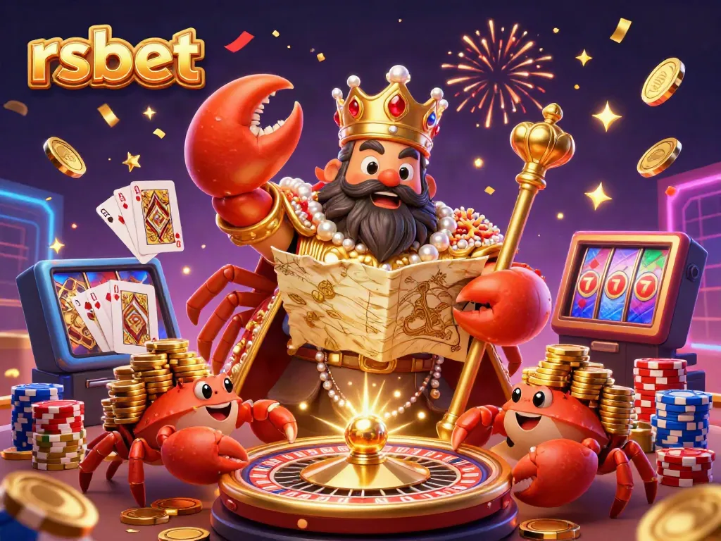 Experience the excitement of rsbet with a golden crab emperor and dynamic casino elements in a vibrant scene.