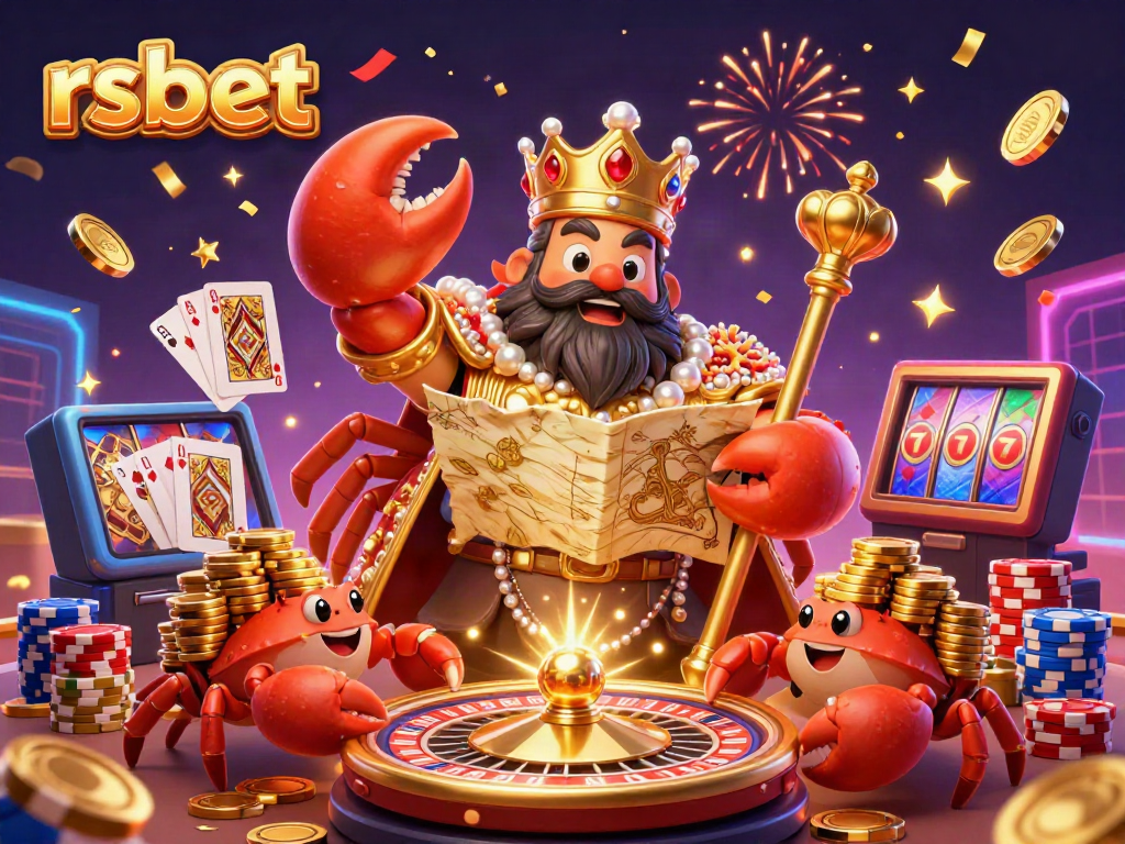 Experience the excitement of rsbet with a golden crab emperor and dynamic casino elements in a vibrant scene.