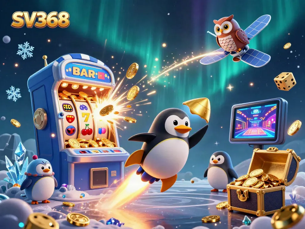Experience SV368 with an exciting scene of a golden penguin flying toward a casino in space.