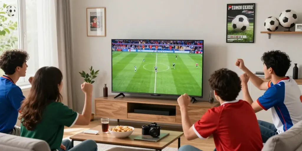 Excited fans enjoying a live football match on GavangTV in a cozy living room.