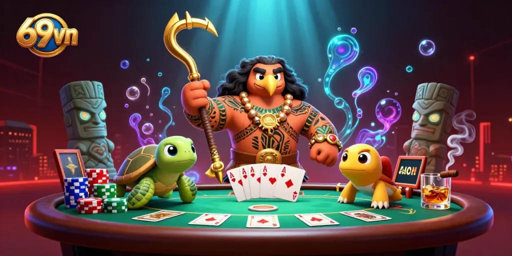 Engage in thrilling poker at 69vn with colorful chips and vibrant characters in action.