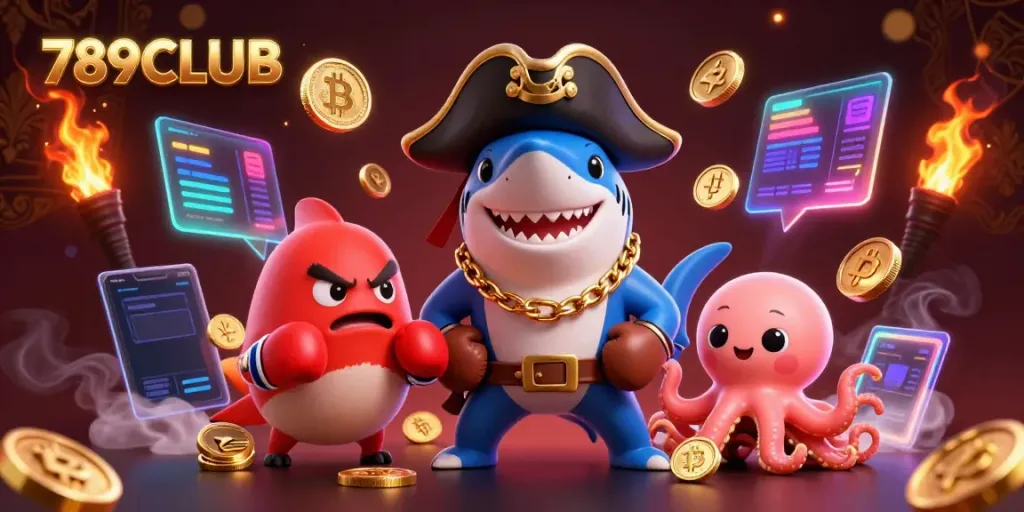 Experience excitement at 789CLUB with playful characters and vibrant graphics in this online casino illustration.