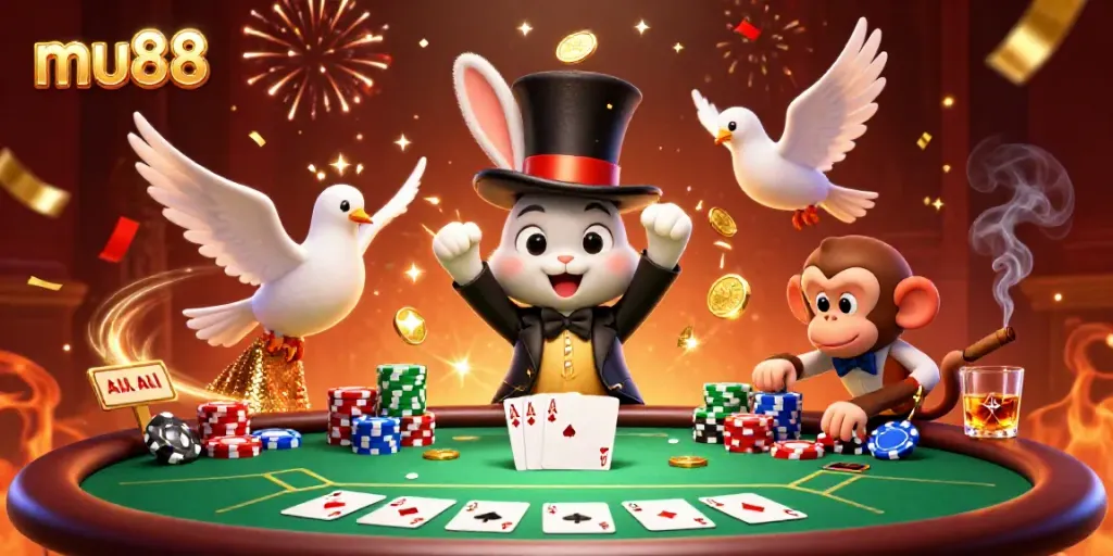Engage in a magical mu88 experience with a dynamic scene featuring a rabbit and dove, pulling in golden coins and poker chips.
