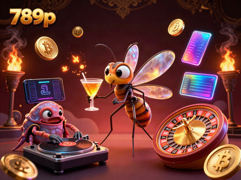 Experience the thrilling games at 789p with a vibrant casino scene featuring unique characters and crypto elements.