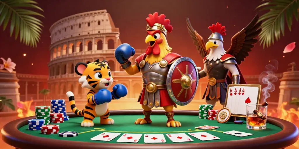 Engage in thrilling poker action at 98win with a gladiator rooster in a vibrant colosseum.