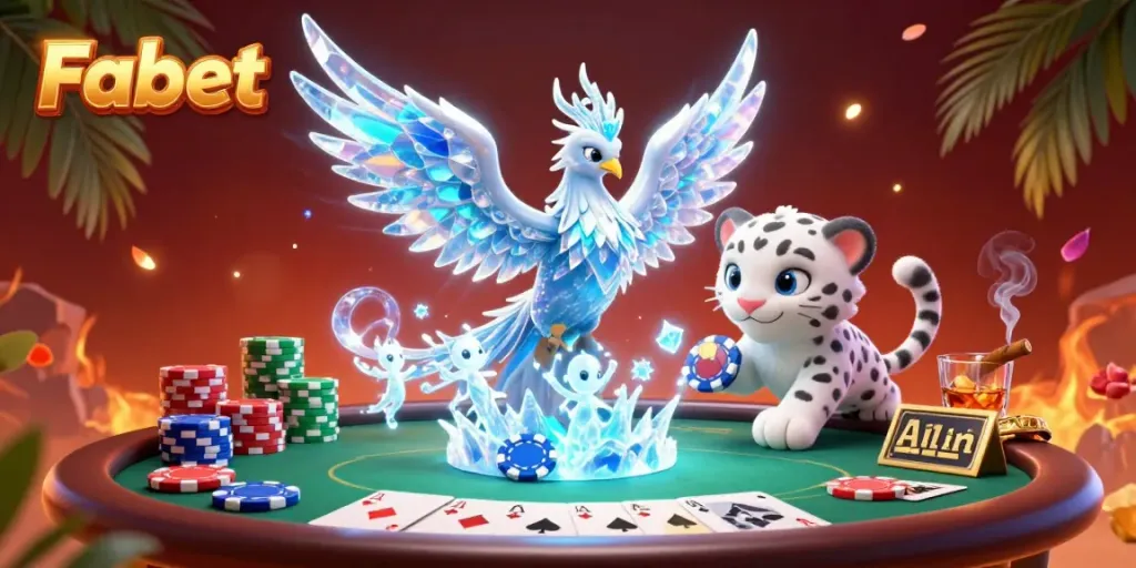 Engage with Fabet's vibrant 3D casino world featuring an ice phoenix and snow leopard cub.