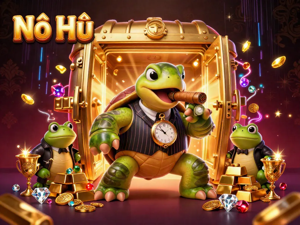 Experience Nổ Hũ excitement as the turtle mobster and bullfrogs unveil treasures on a dazzling casino floor.