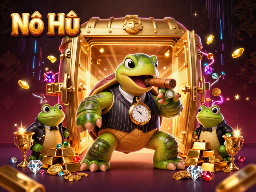 Experience Nổ Hũ excitement as the turtle mobster and bullfrogs unveil treasures on a dazzling casino floor.