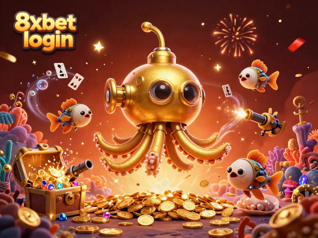 Experience the thrill of 8xbet login with colorful fish and a golden kraken submarine in a treasure-filled sea.