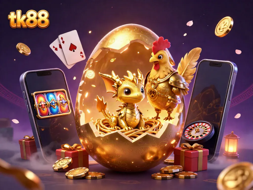 Engage in the vibrant world of tk88 with a golden dragon and exciting casino elements.