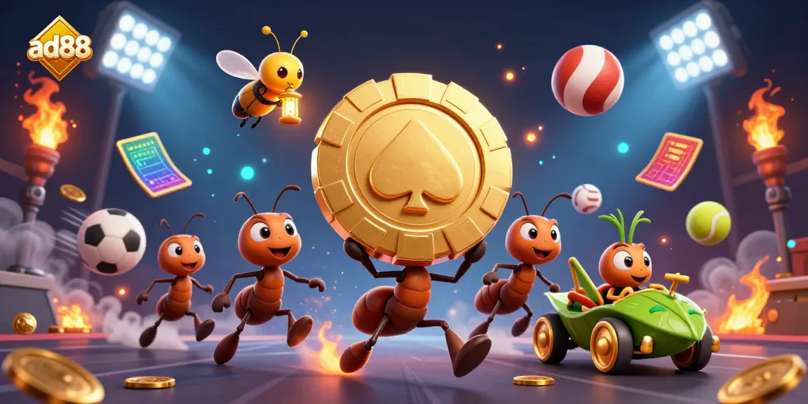 Experience the excitement of ad88 with a heist-inspired scene of ants carrying a giant poker chip in a dynamic casino setting.