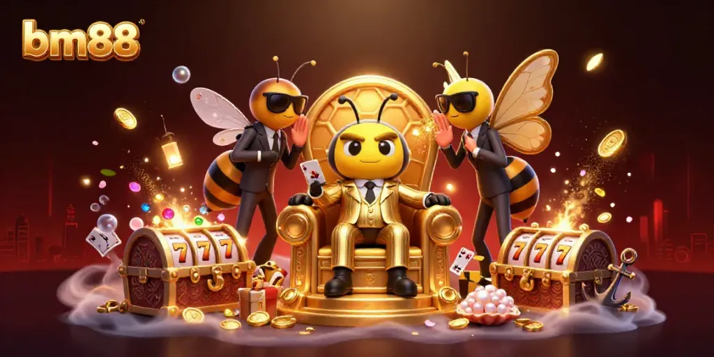 Experience the vibrant chaos of bm88 with a bumblebee mob boss in a casino-themed scene filled with gold and games.